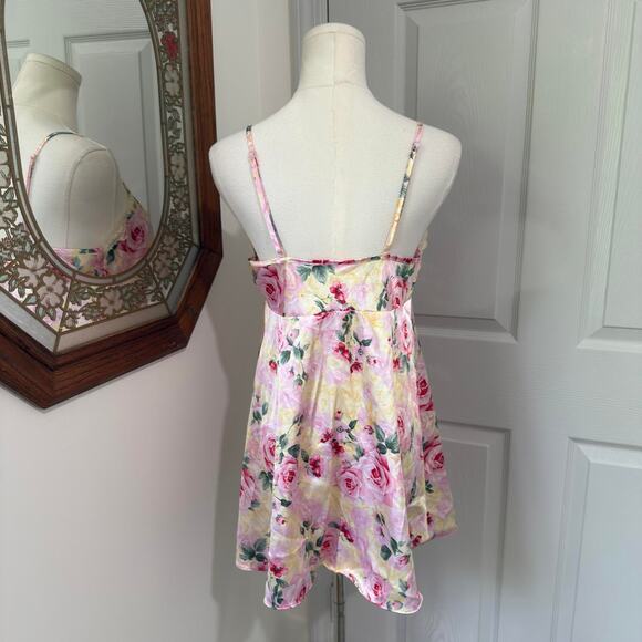 Secret Treasures Pink & Yellow Floral Satin Ivory Lace Sequin Open Front Slip M - Picture 4 of 8